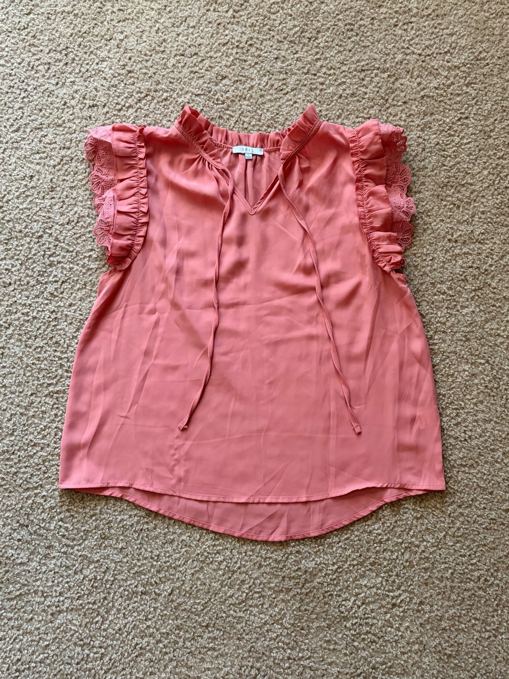 iris Coral Ruffle Sleeve Tie-Neck Blouse